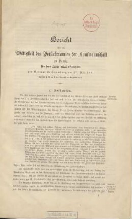 Bericht über die Thätigkeit des Vorsteheramtes der Kaufmannschaft zu Danzig für das Jahr Mai 1890/91