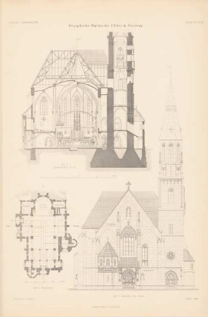 St. Peter, Nürnberg: Ansicht von Osten, Grundriss, Querschnitt (aus: Atlas zur Zeitschrift für Bauwesen, hrsg. v. Ministerium der öffentlichen Arbeiten, Jg. 52, 1902)