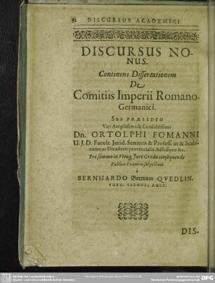Discursus Nonus Continens Dissertationem De Comitiis Imperii Romano Germanici