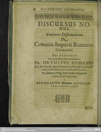 Discursus Nonus Continens Dissertationem De Comitiis Imperii Romano Germanici