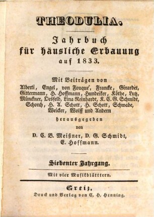 Theodulia : Jahrbuch für häusliche Erbauung, 1833 = Jg. 7