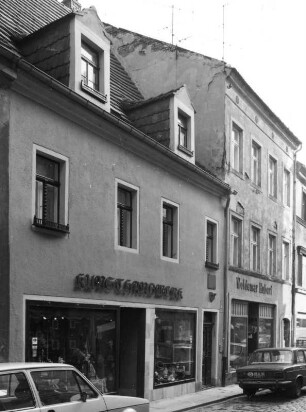 Meißen-Altstadt, Marktgasse 5/6. Wohnhäuser mit Läden (Bezeichnung 1585 [Nr. 5], um 1800 [Nr. 6]). Straßenansicht