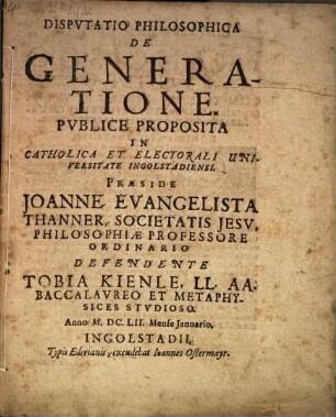 Dispvtatio Philosophica De Generatione