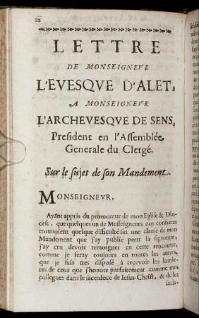 Lettre De Monseigneur L´Evesque D´Alet, A Monseigneur L´Archevesque De Sens ...