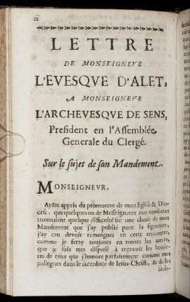 Lettre De Monseigneur L´Evesque D´Alet, A Monseigneur L´Archevesque De Sens ...