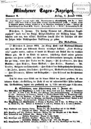 Münchener Tages-Anzeiger : altes Fremdenblatt. 1852,1/6