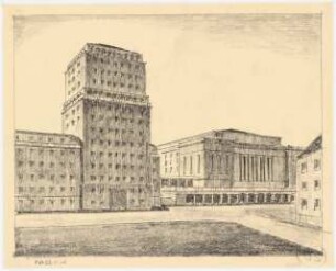Stadthalle und Rathaus, Dortmund. Zum Projekt gehörend: Hermann Jansen, Bebauungsplan Dortmund: Innenstadt, Rathaus und Stadthalle, perspektivische Ansicht von Norden