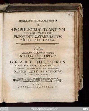 Dissertatio Inavgvralis Medica De Apophlegmatizantivm Inconsiderato Vsv, Freqventi Catarrhalivm Adfectvvm Cavsa