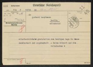 Brief von Heinz Hilpert von Volksbühne am Rosa-Luxemburg-Platz  an Gerhart Hauptmann