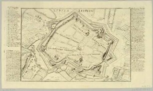 Stadtplan oder Stadtansicht von Leipzig aus der Vogelschau mit Befestigungsanlagen, Umgebung und einer Legende, nach Matthäus Merians Topographia Superioris Saxoniae von 1650
