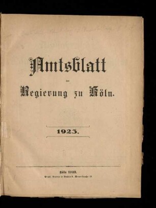 Amtsblatt der Regierung zu Köln / 1923