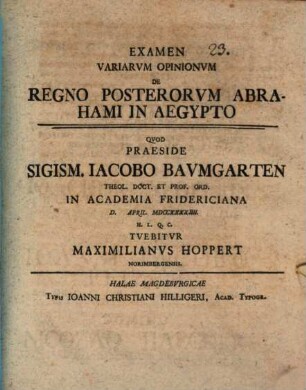 Examen Variarvm Opinionvm De Regno Posterorvm Abrahami In Aegypto