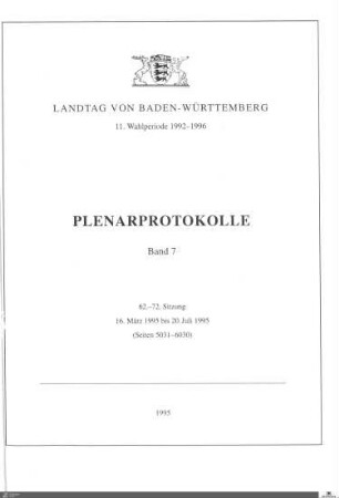 72: Landtag Baden-Württemberg, Protokolle, 1995, Bd. 7