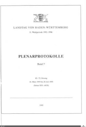72: Landtag Baden-Württemberg, Protokolle, 1995, Bd. 7