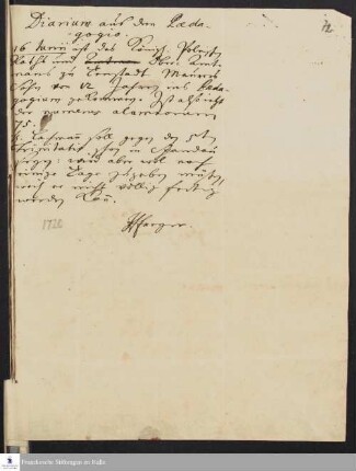 Tagebuch von Hieronymus Freyer an Johann Anastasius Freylinghausen.