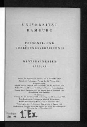 WS 1959/60: Personal- und Vorlesungsverzeichnis // Hamburgische Universität
