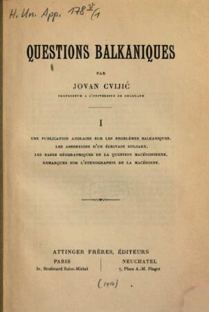 Questions balkaniques. 1
