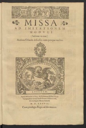 Missa ad imitationem moduli: Susanne un iour [...] cum quinque vocibus