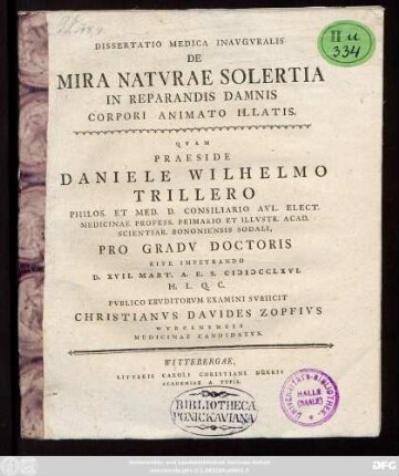 Dissertatio Medica Iiavgvralis De Mira Natvrae Solertia In Reparandis Damnis Corpori Animato Ilatis