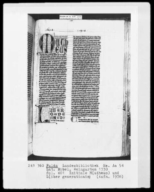 Lateinische Bibel — Initialen M (atheus) und L (iber generationis), Folio 401recto