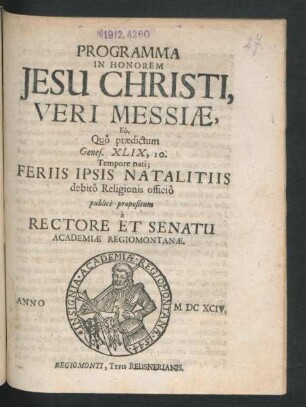 Programma In Honorem Jesu Christi, Veri Messiae, Eo, Quo praedictum Genes. XLIX, 10. Tempore nati
