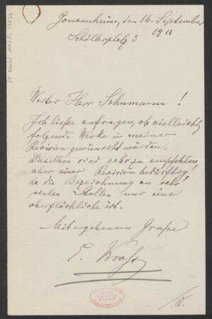 Brief an B. Schott's Söhne : 16.09.1911