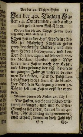 Von der 40. Tägigen Fasten, 4. Quatember, und anderen gebottenen Fast-Tágen.