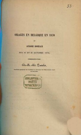 Orages en Belgique en 1870 et aurore boréale des 24 et 25 octobre 1870