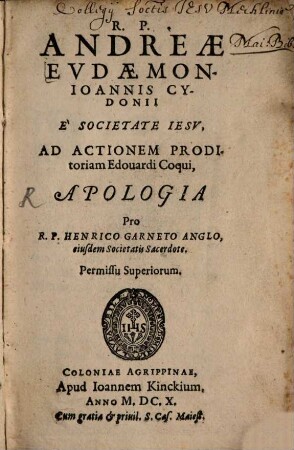 Ad actionem proditoriam Edouardi Coqui Apologia pro H. Garneto