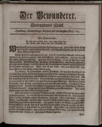 Siebenzehntes Stück. Hamburg, Donnerstags, den zwey und zwanzigsten Merz 1742.