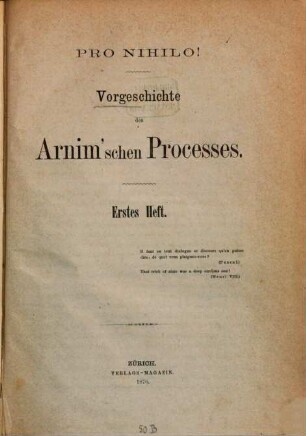 Pro nihilo! : Vorgeschichte des Arnim'schen Processes, 1