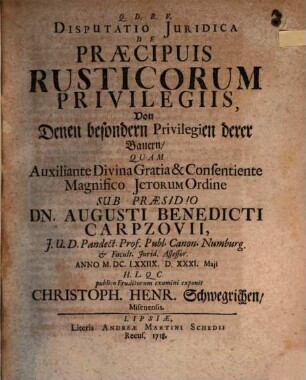 Diss. iur. de praecipuis rusticorum privilegiis, Von denen besondern Privilegien derer Bauern