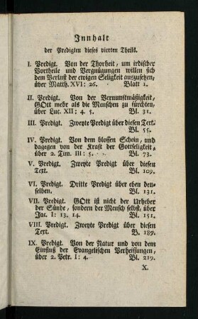 Innhalt der Predigten dieses vierten Theils.