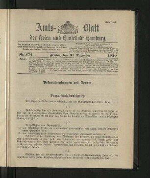 No. 274, 31. Dezember 1920