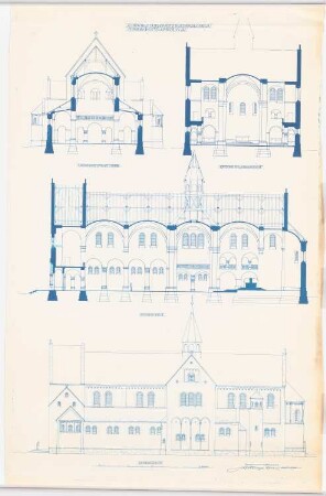 Franziskanerkloster und Heilig Kreuz, Essen: Querschnitte, Längsschnitt und Seitenansicht 1:100 (6. Entwurf)