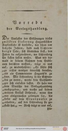 Vorrede der Verlagshandlung