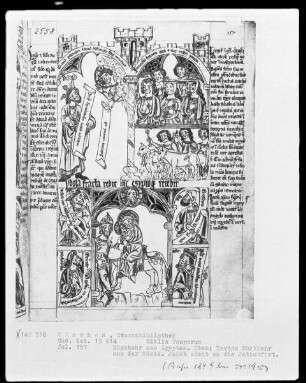 Biblia pauperum — Bildseite mit sieben Miniaturen, Folio 157recto