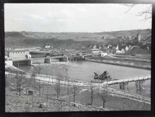 Hessigheim, Blick vom linken Hang auf Wehr- und Schleusenbaustelle vom Unterwasser