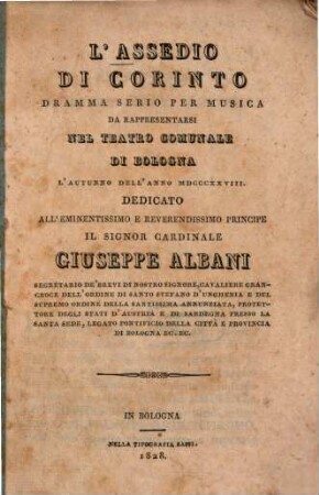 L' assedio di Corinto : Dramma serio per musica