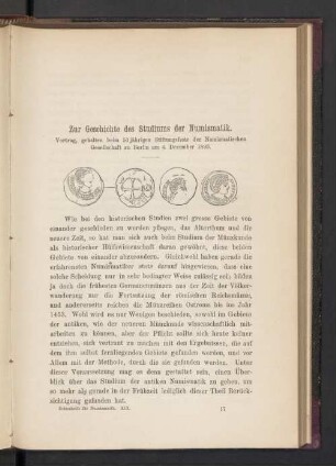 Zur Geschichte des Studiums der Numismatik
