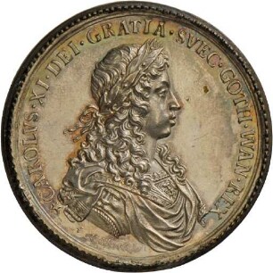 Vorderseiten- und Rückseitenabschlag einer Medaille auf die Reise von König Karl XI. durch Schweden, mit einem Messingring verbunden, 1673
