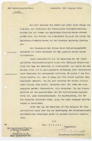 Ernennung zum Regierungsvizepräsidenten bei der Preußischen Regierung Wiesbaden auf 1. September 1924