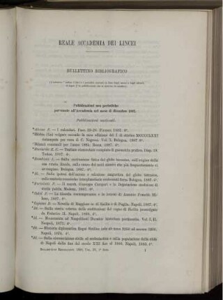 Pubblicazioni non periodiche pervenute all' Accademia nel mese di dicembre 1887.