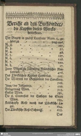 Bericht an den Buchbinder, die Kupffer dieses Wercks betreffend