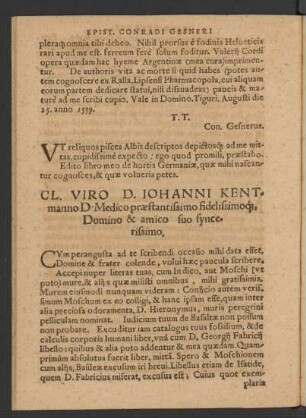 Cl. Viro D. Iohanni Kentmanno D. Medico praestantissimo fidelissimo, Domino & amico suo syncerissimo.