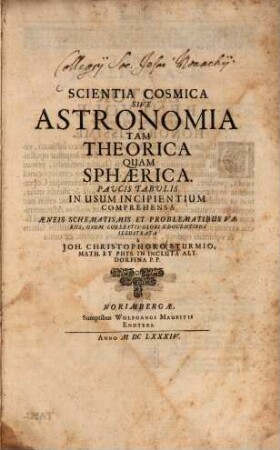 Scientia cosmica sive astronomia tam theoretica quam sphaerica