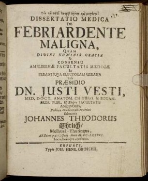 Dissertatio Medica De Febriardente Maligna