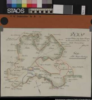 "Plan von dem Gehäge resp. dessen Gränzen der Domaine Sondermühlen". Gutslage, Wege, Flurnamen (ohne Flurgrenzen). Ausf.-Art: Farbige Zeichnung Herst.: J. Müller Format: 30 x 41cm Maßstab: 1 : 8000