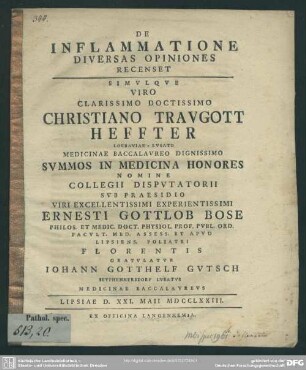 De Inflammatione Diversas Opiniones Recenset Simulque Viro ... Sub Praesidio ... Ernesti Gottlob Bose ... Florentis Gratulatur Johann Gotthelf Gutsch ... Lipsiae D. XXI. Maii MDCCLXXIII