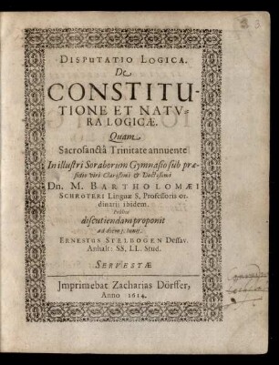 Disputatio Logica. De Constitutione Et Natura Logicae